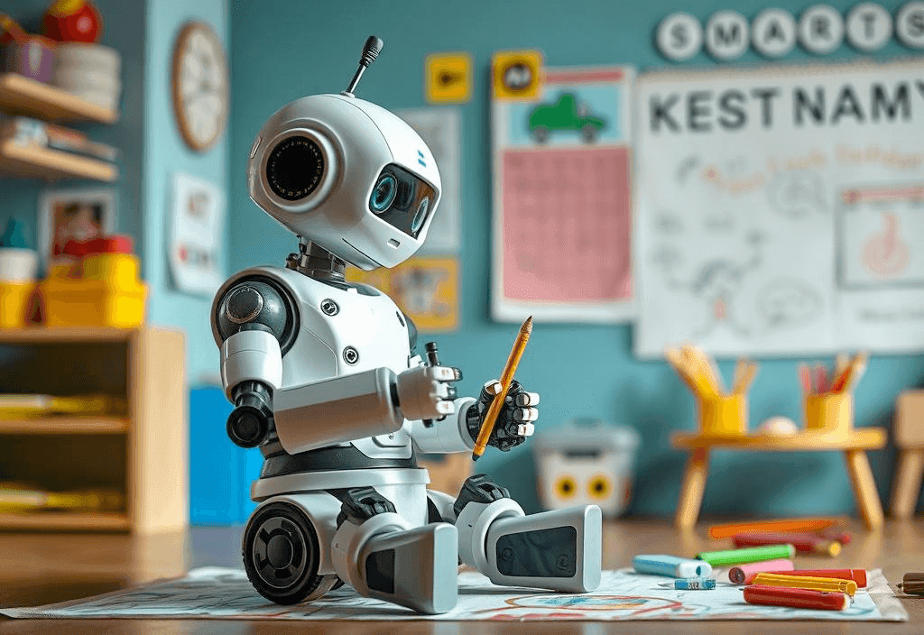 roboter sitting on the floor holding a pencil